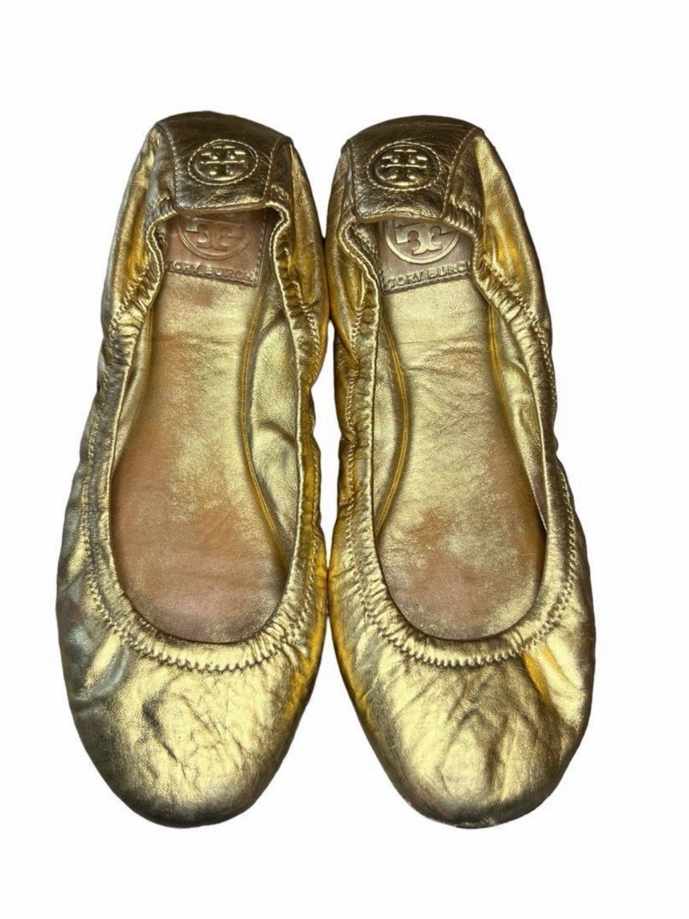 Tory Burch Metallic Gold Leather Ballet Flats with Logo